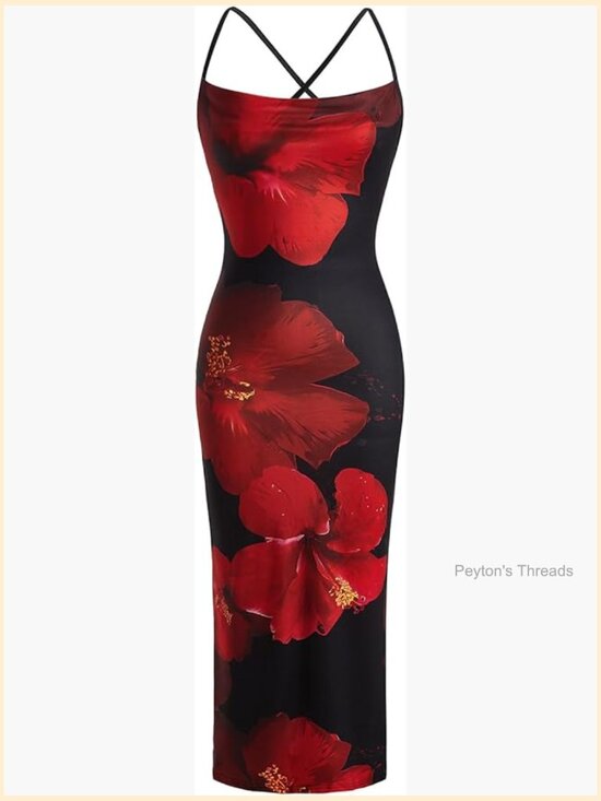 Dresses & Skirts - Boho Floral Bodycon Midi Dress Cowl Neck Criss Cross Split Sun Dress